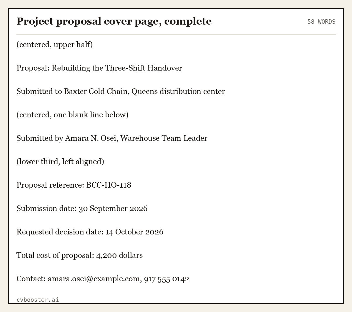 Complete Project proposal cover page, complete example, 58 words, laid out as it would sit in the application form