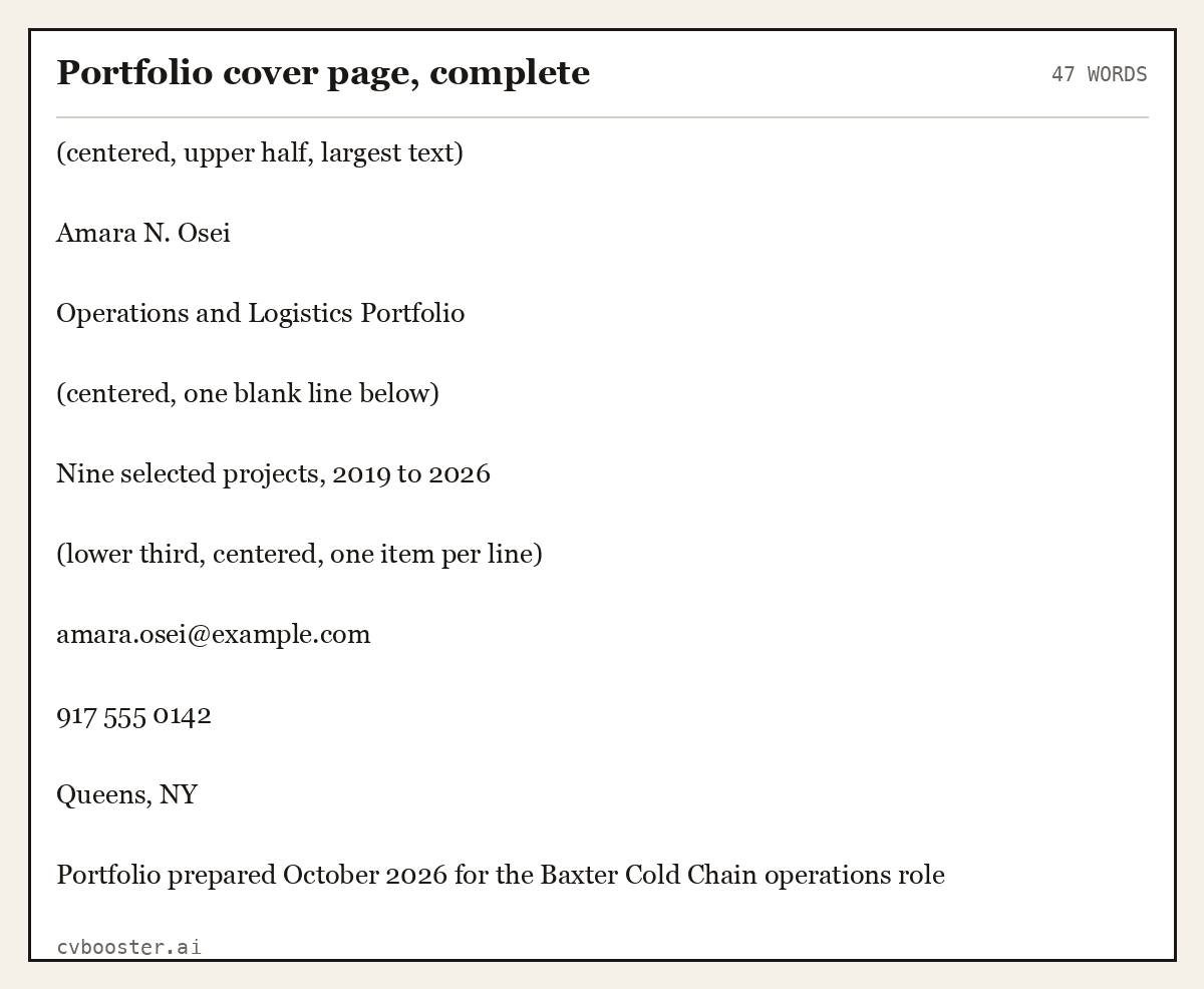 Complete Portfolio cover page, complete example, 47 words, laid out as it would sit in the application form