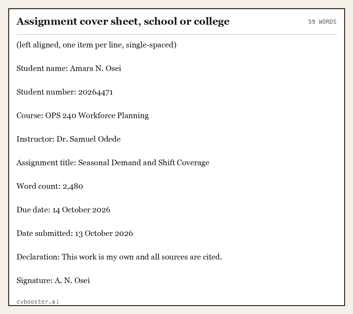 Complete Assignment cover sheet, school or college example, 59 words, laid out as it would sit in the application form