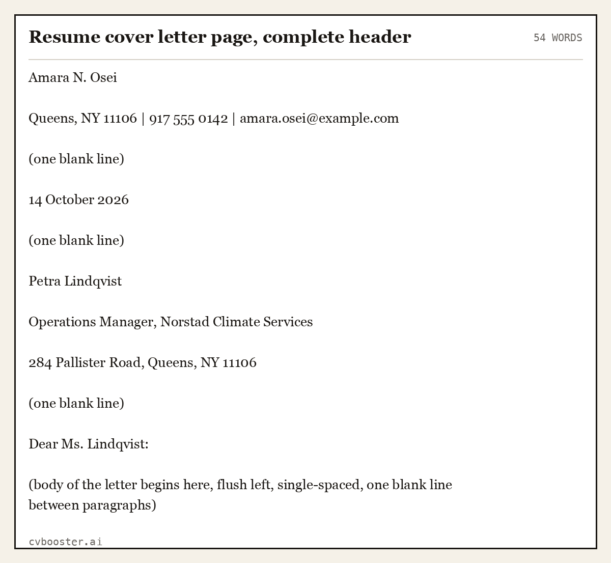 Complete Resume cover letter page, complete header example, 54 words, laid out as it would sit in the application form