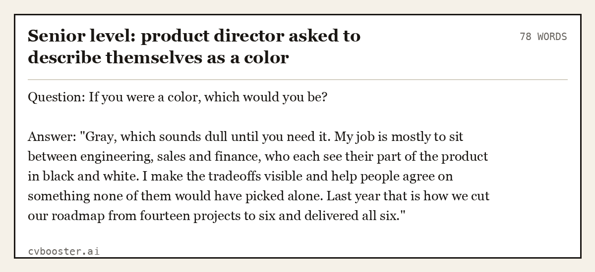 Complete Senior level: product director asked to describe themselves as a color example, 78 words, laid out as it would sit in the application form