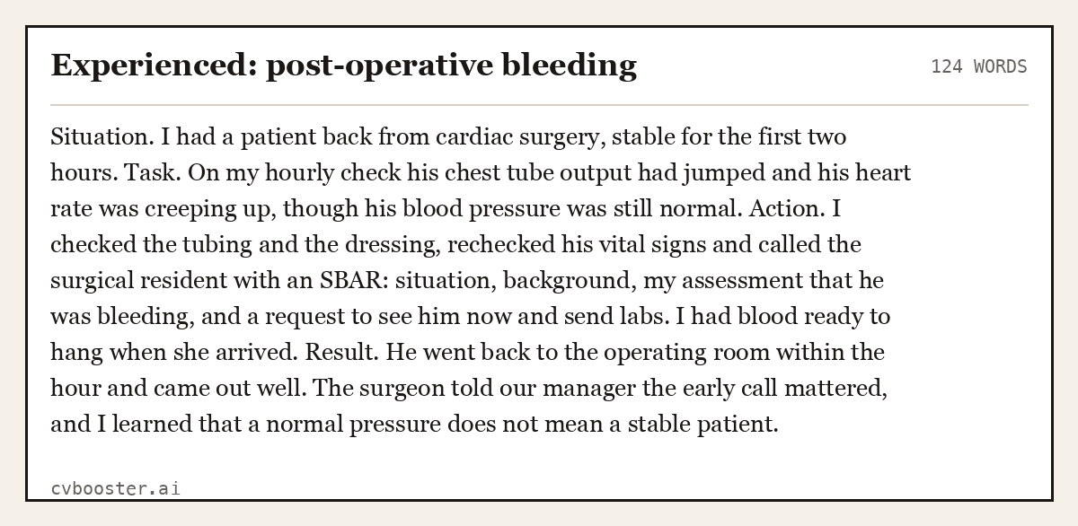 Complete Experienced: post-operative bleeding example, 124 words, laid out as it would sit in the application form