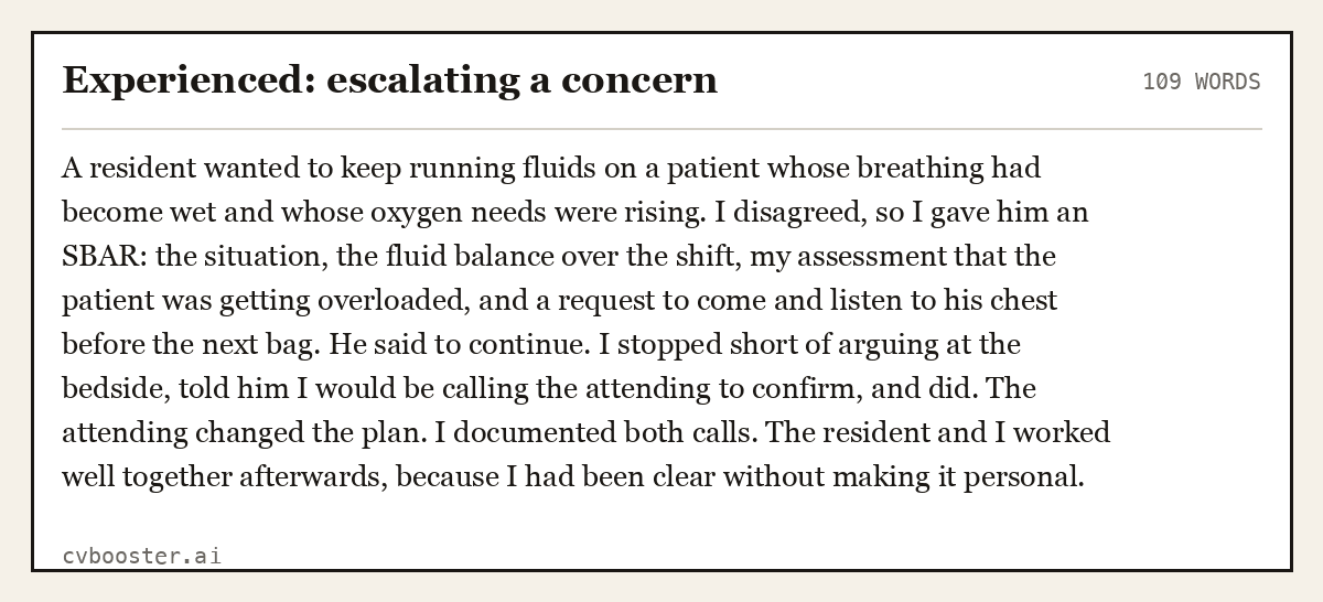 Complete Experienced: escalating a concern example, 109 words, laid out as it would sit in the application form