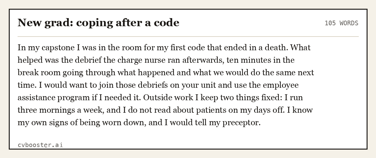 Complete New grad: coping after a code example, 105 words, laid out as it would sit in the application form