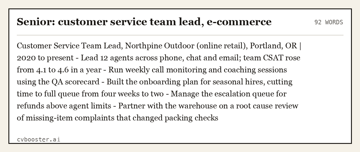 Complete Senior: customer service team lead, e-commerce example, 92 words, laid out as it would sit in the application form