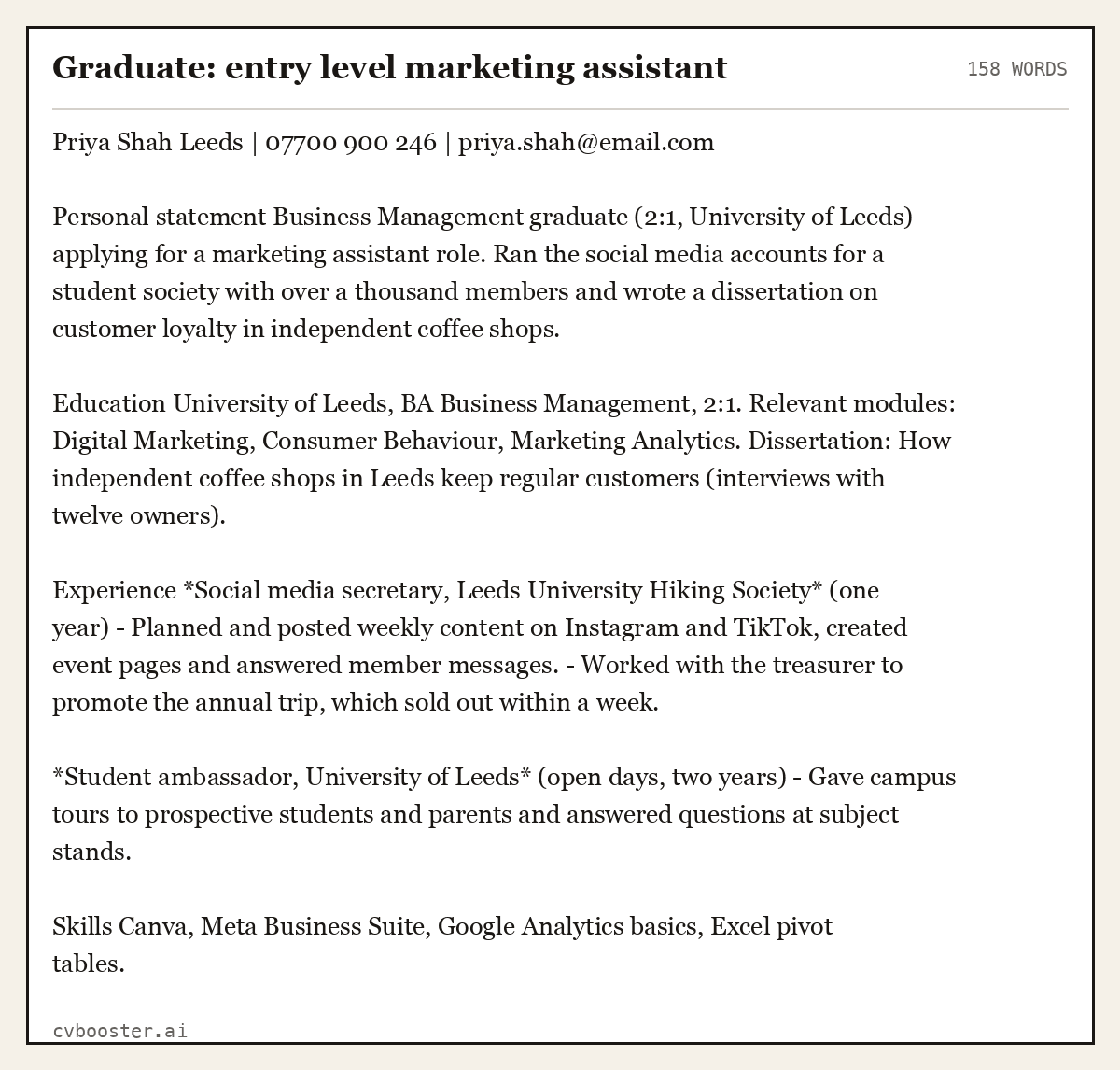 Complete Graduate: entry level marketing assistant example, 158 words, laid out as it would sit in the application form