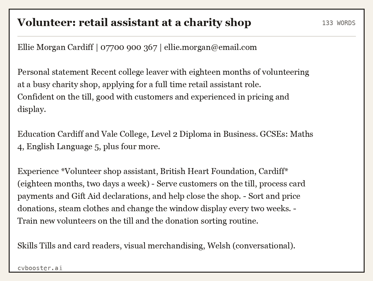 Complete Volunteer: retail assistant at a charity shop example, 133 words, laid out as it would sit in the application form