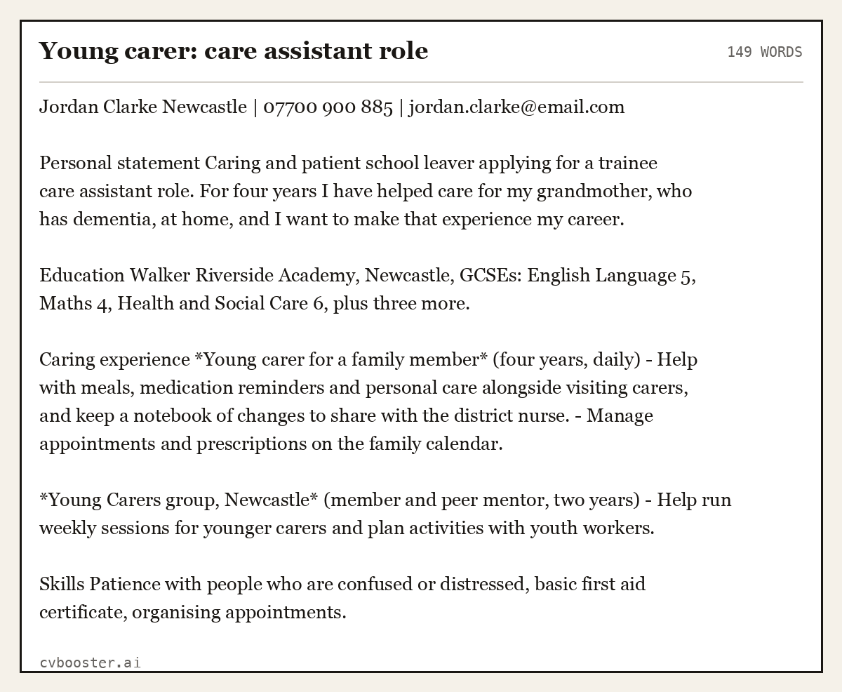 Complete Young carer: care assistant role example, 149 words, laid out as it would sit in the application form