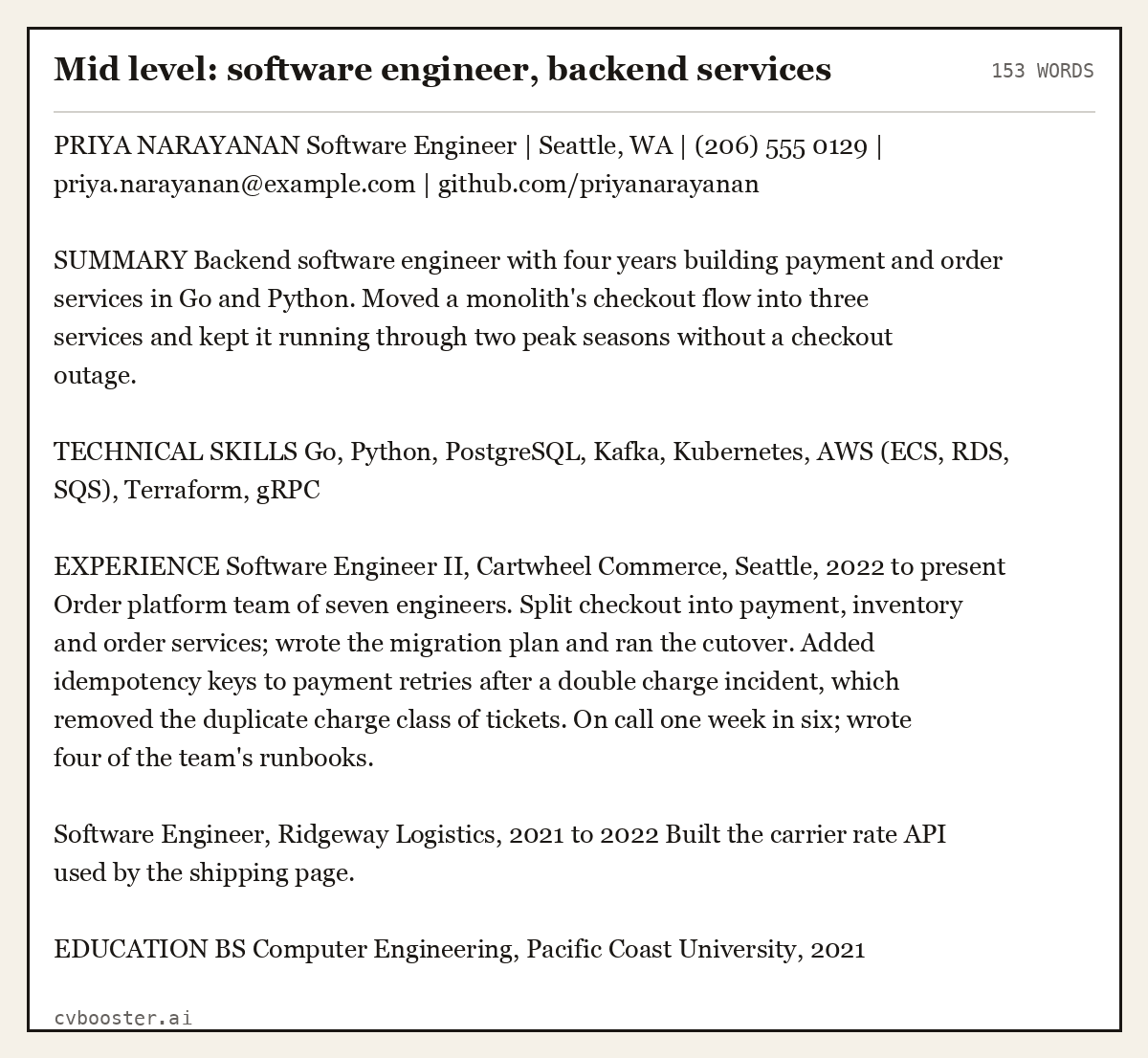Complete Mid level: software engineer, backend services example, 153 words, laid out as it would sit in the application form