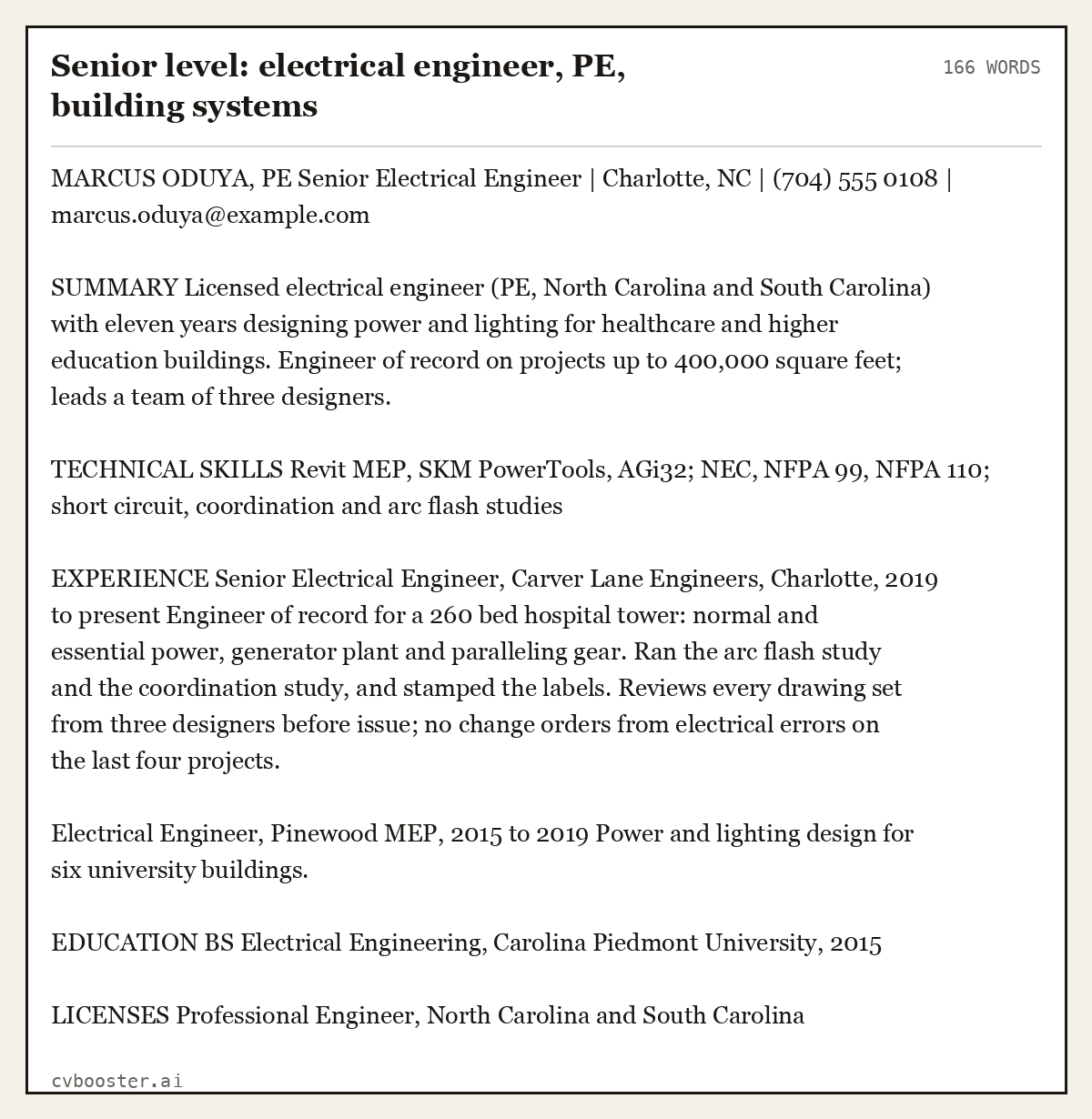 Complete Senior level: electrical engineer, PE, building systems example, 166 words, laid out as it would sit in the application form