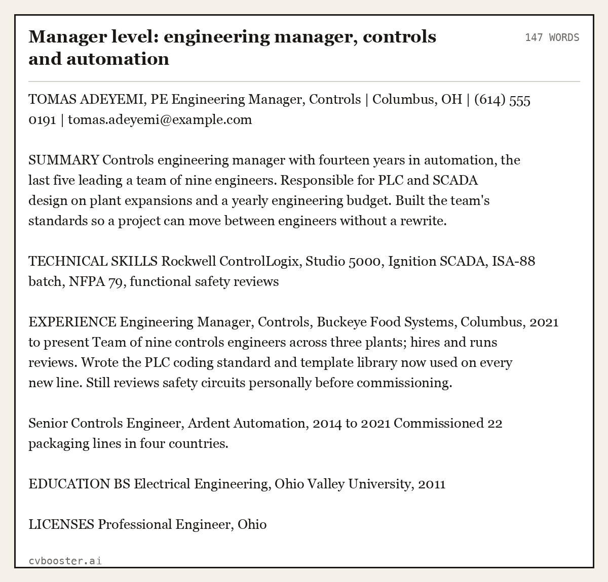 Complete Manager level: engineering manager, controls and automation example, 147 words, laid out as it would sit in the application form