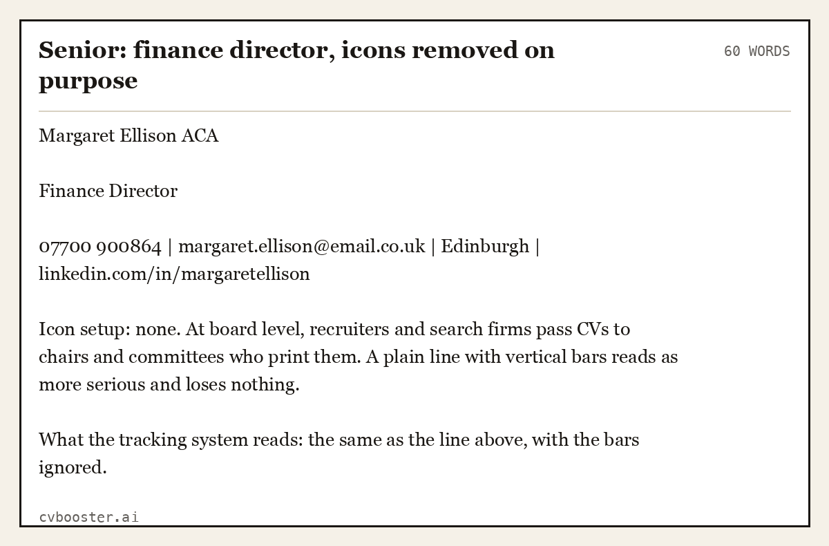 Complete Senior: finance director, icons removed on purpose example, 60 words, laid out as it would sit in the application form