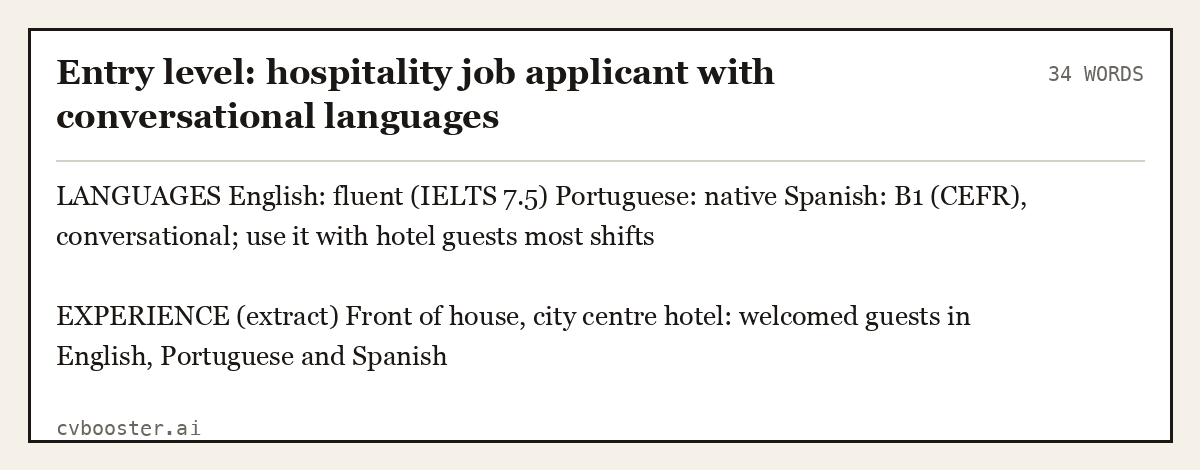 Complete Entry level: hospitality job applicant with conversational languages example, 34 words, laid out as it would sit in the application form