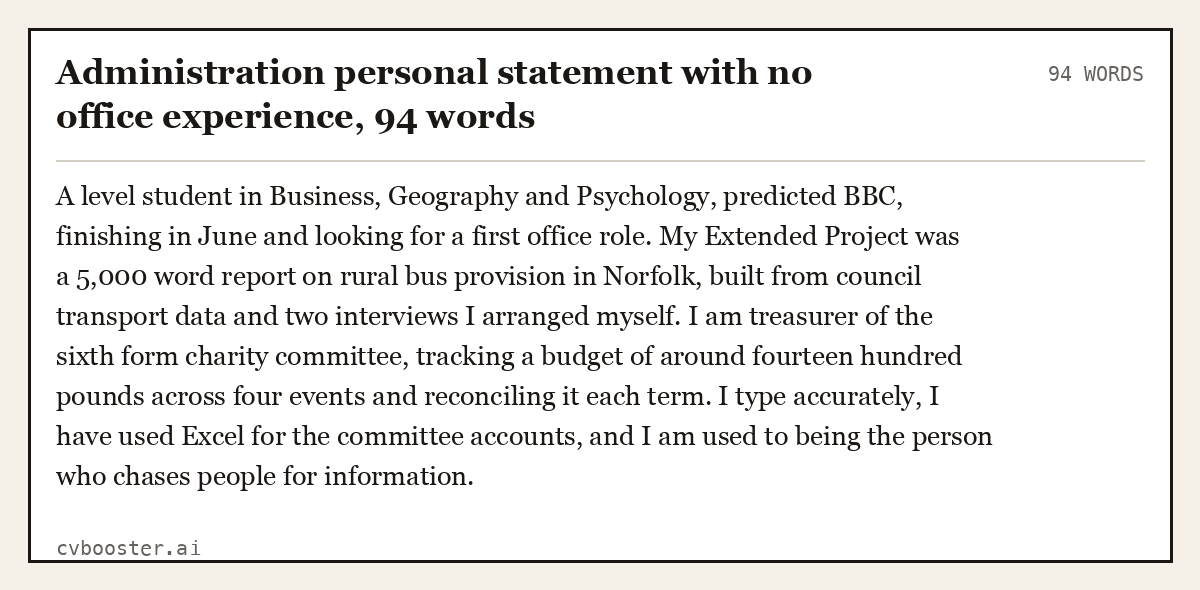 Complete Administration personal statement with no office experience example, 94 words, laid out as it would sit in the application form