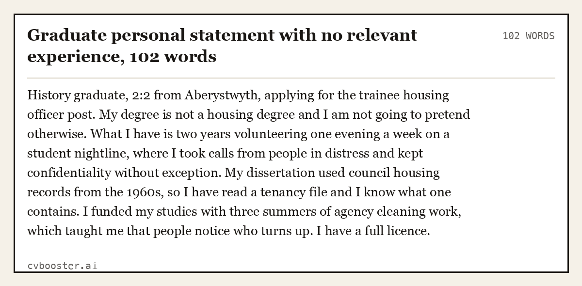 Complete Graduate personal statement with no relevant experience example, 102 words, laid out as it would sit in the application form