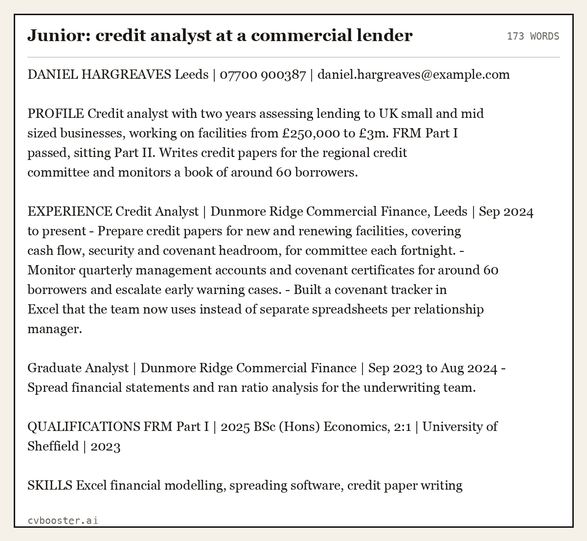 Complete Junior: credit analyst at a commercial lender example, 173 words, laid out as it would sit in the application form