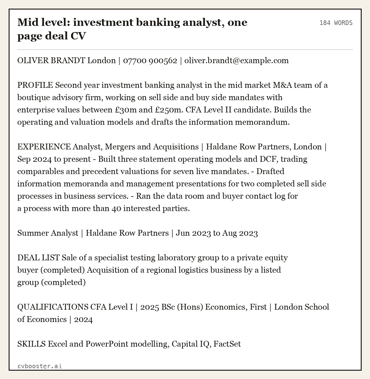 Complete Mid level: investment banking analyst, one page deal CV example, 184 words, laid out as it would sit in the application form