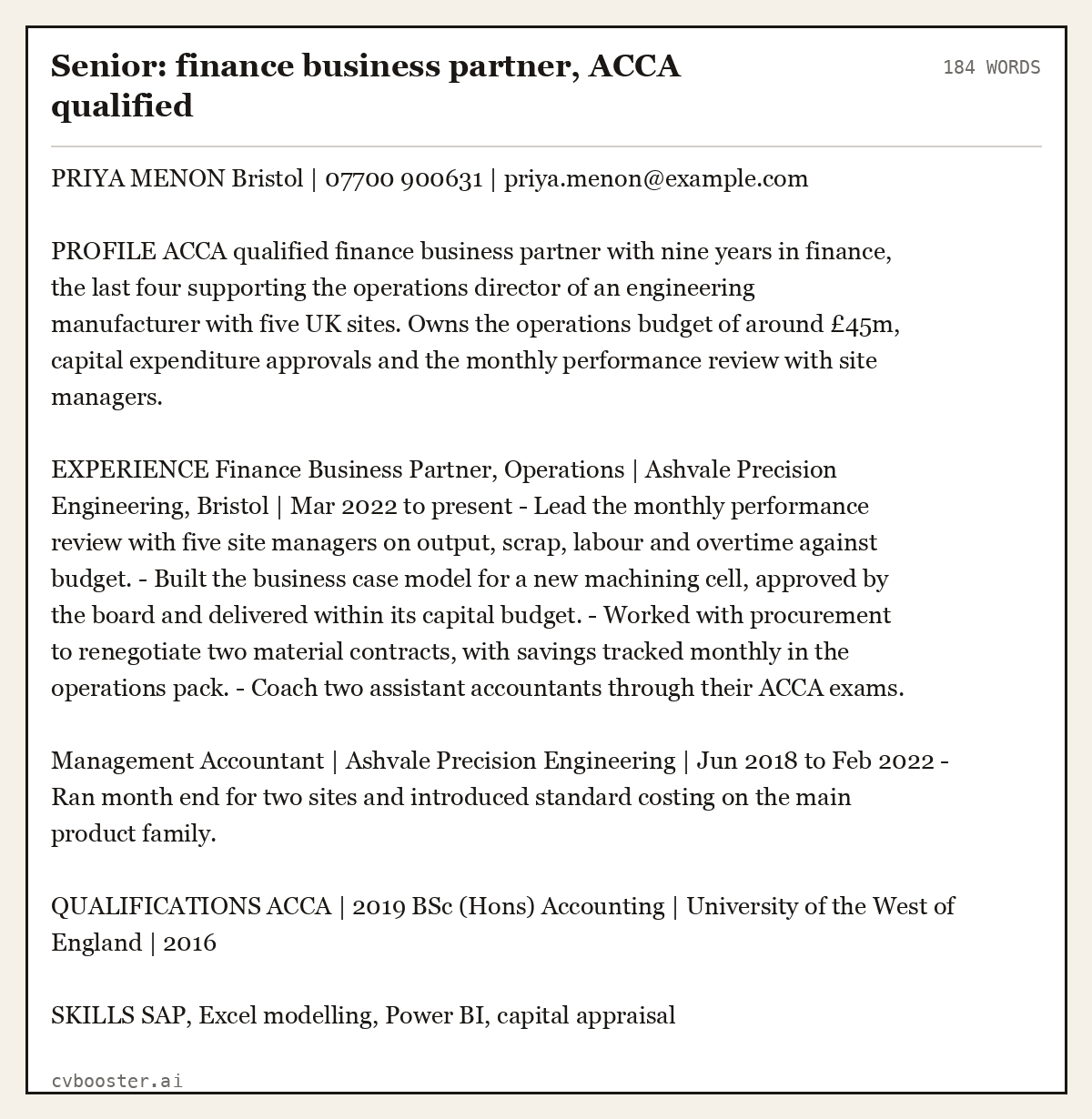 Complete Senior: finance business partner, ACCA qualified example, 184 words, laid out as it would sit in the application form