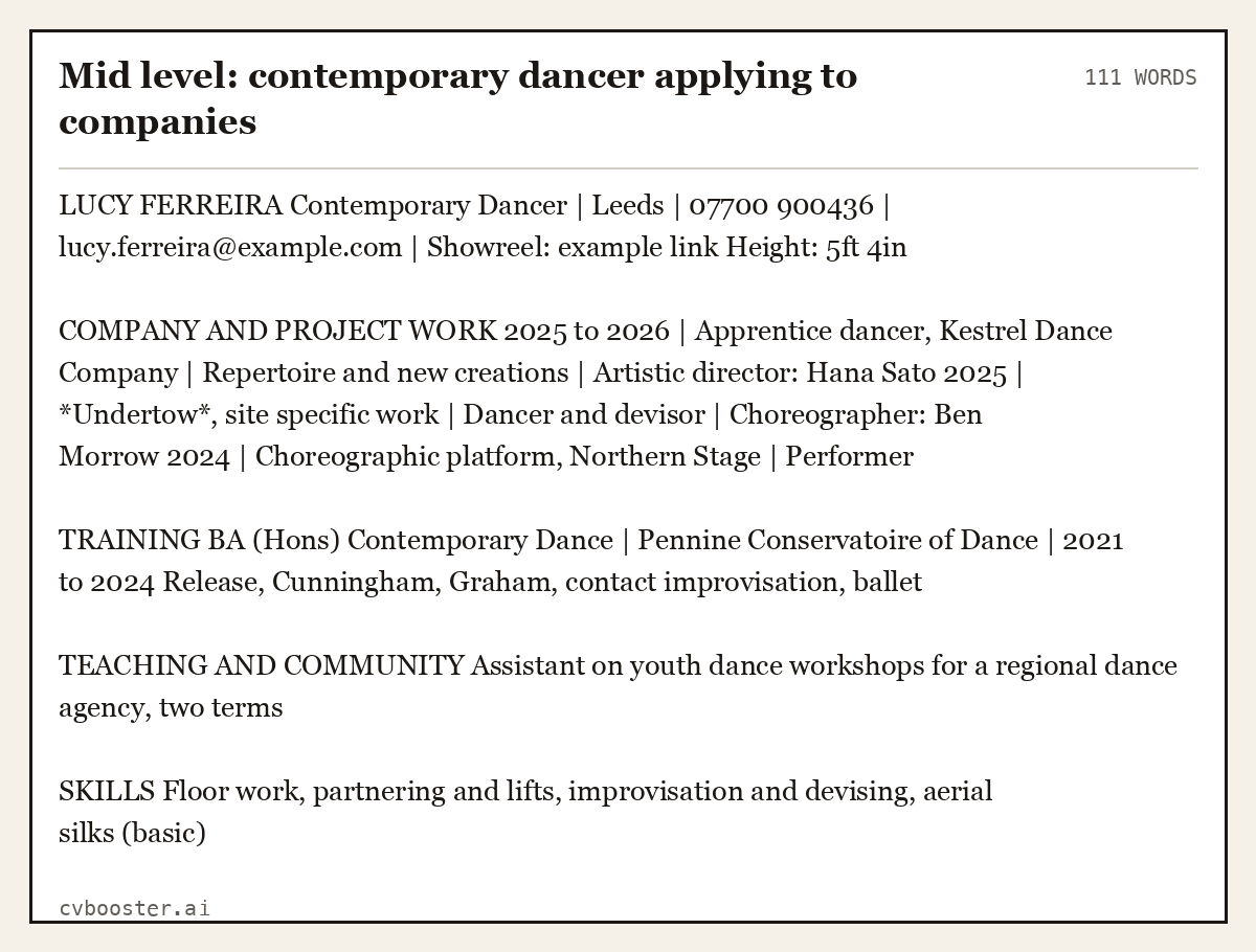 Complete Mid level: contemporary dancer applying to companies example, 111 words, laid out as it would sit in the application form