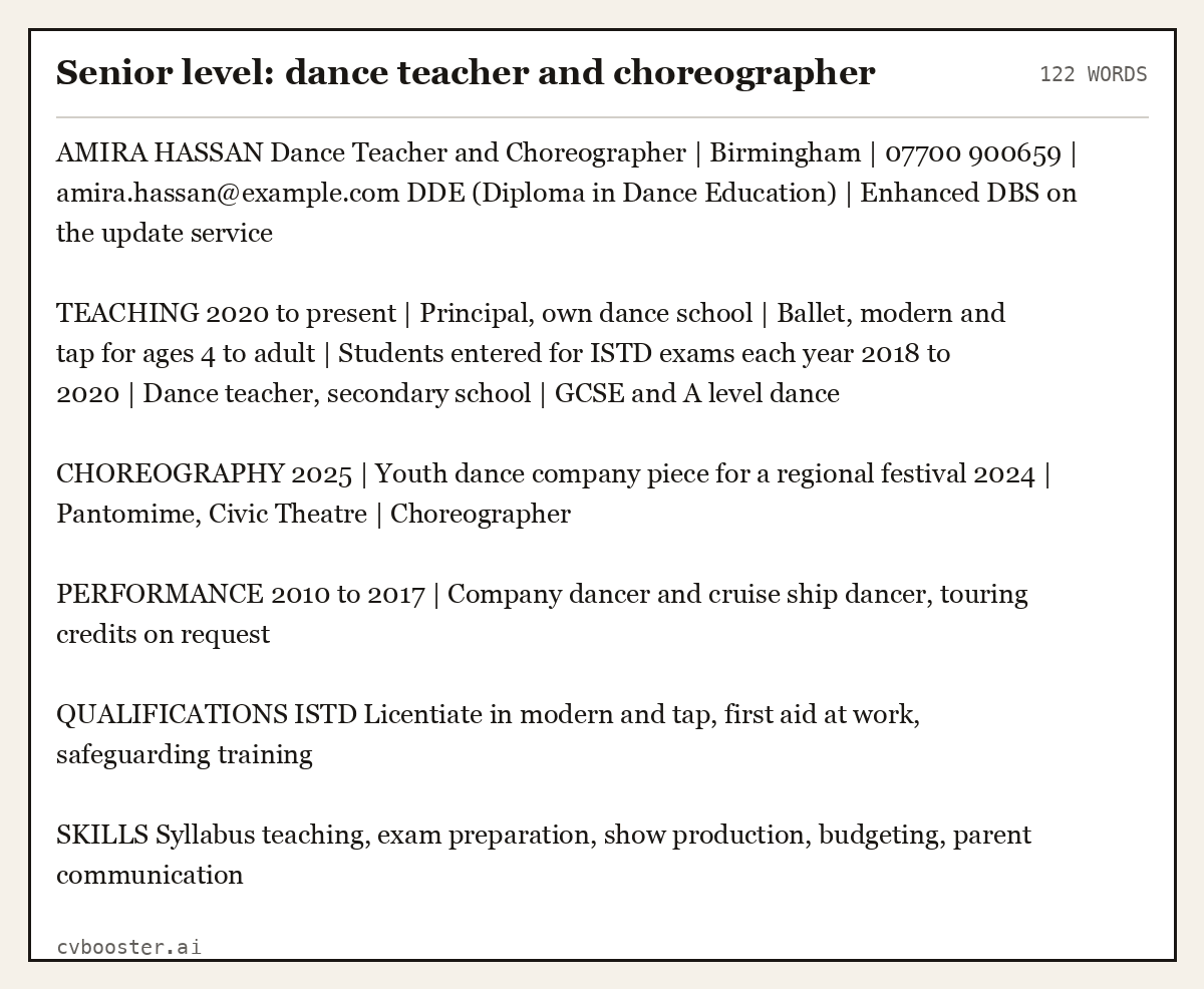 Complete Senior level: dance teacher and choreographer example, 122 words, laid out as it would sit in the application form