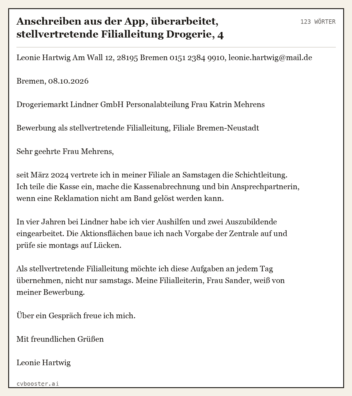 Ausgearbeitetes Beispiel: Anschreiben aus der App, überarbeitet, stellvertretende Filialleitung Drogerie, 4 Jahre Verkauf, 123 Wörter