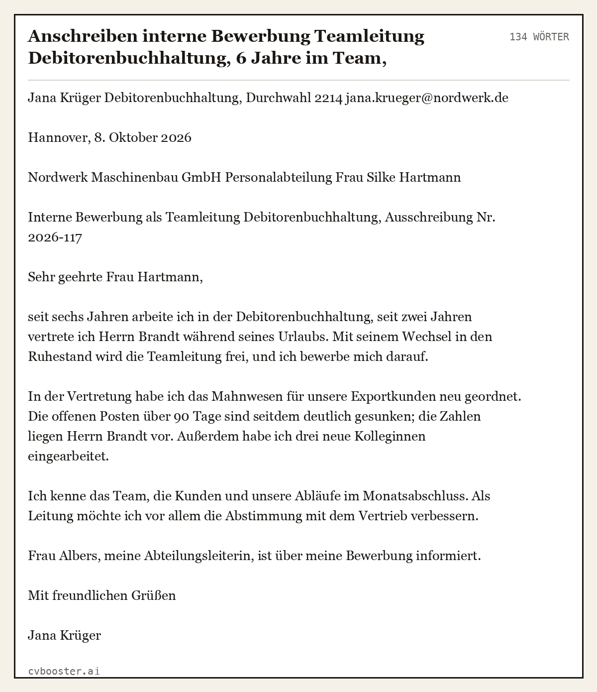 Ausgearbeitetes Beispiel: Anschreiben interne Bewerbung Teamleitung Debitorenbuchhaltung, 6 Jahre im Team, Beförderung, 134 Wörter