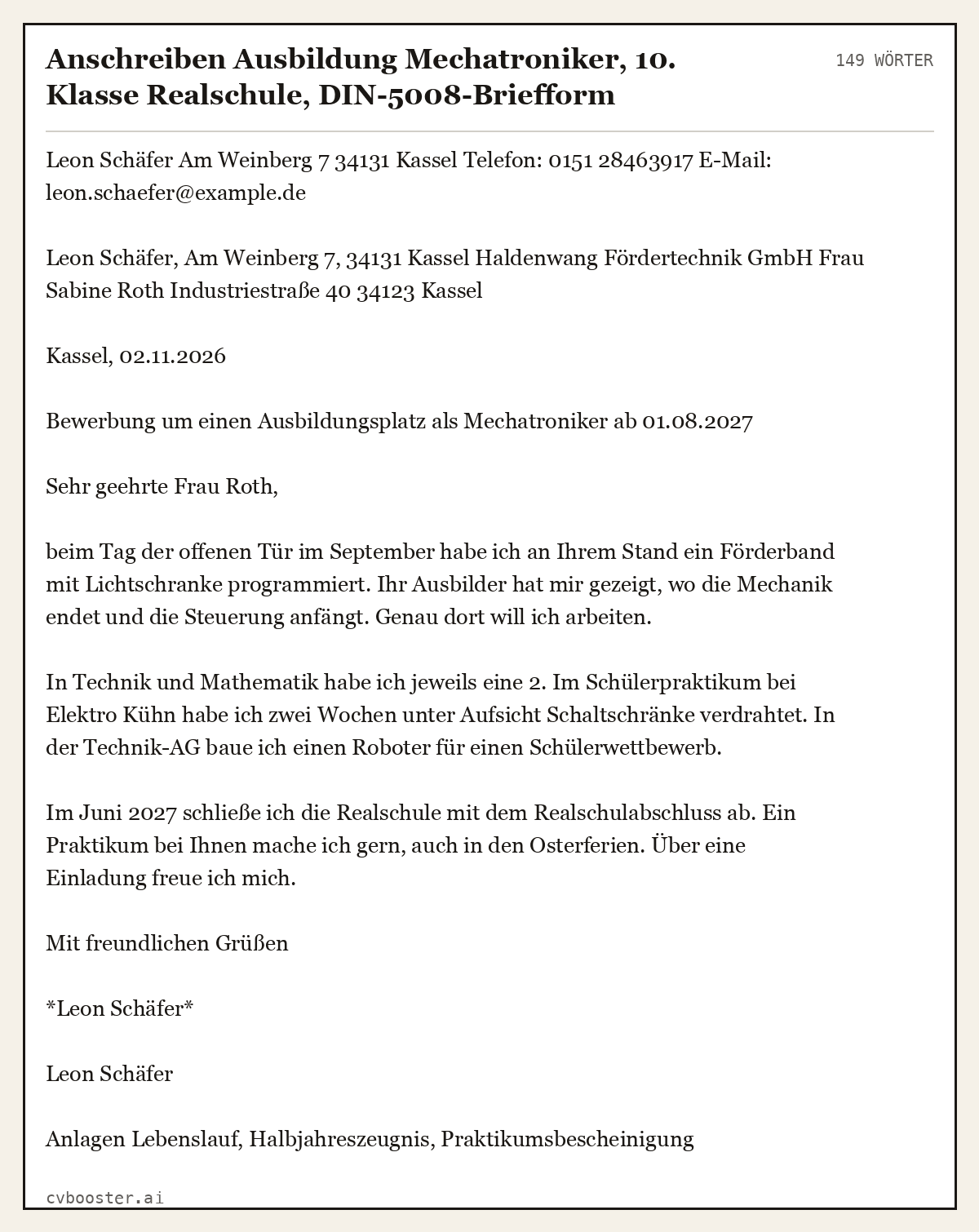 Ausgearbeitetes Beispiel: Anschreiben Ausbildung Mechatroniker, 10. Klasse Realschule, DIN-5008-Briefform, 149 Wörter