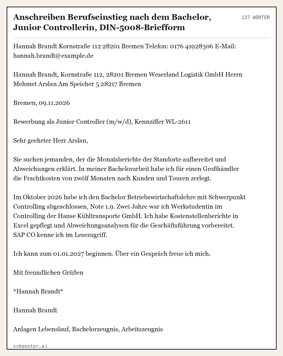 Ausgearbeitetes Beispiel: Anschreiben Berufseinstieg nach dem Bachelor, Junior Controllerin, DIN-5008-Briefform, 137 Wörter