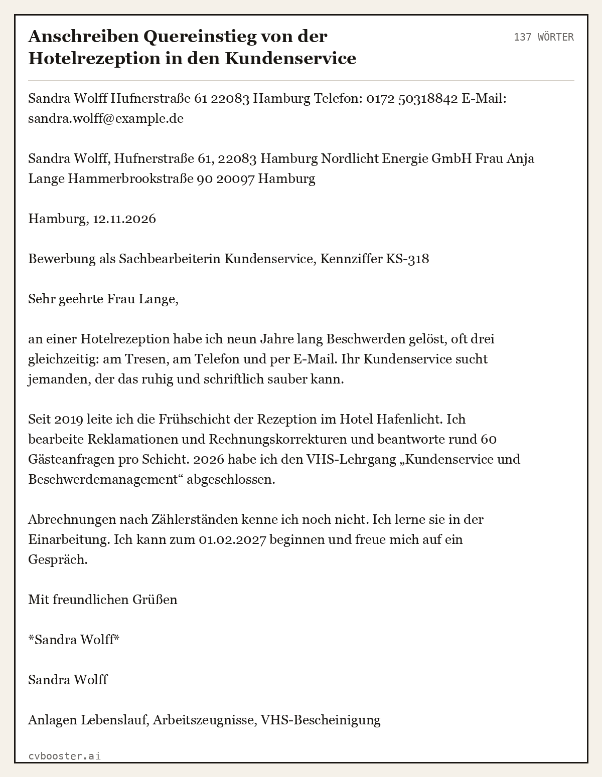 Ausgearbeitetes Beispiel: Anschreiben Quereinstieg von der Hotelrezeption in den Kundenservice, 137 Wörter