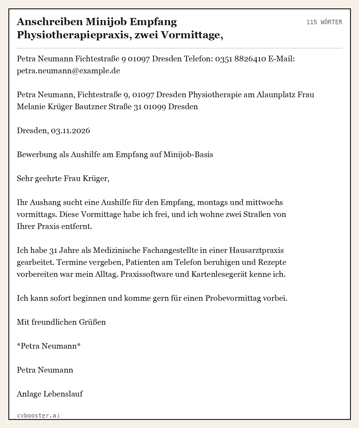Ausgearbeitetes Beispiel: Anschreiben Minijob Empfang Physiotherapiepraxis, zwei Vormittage, DIN-5008-Briefform, 115 Wörter