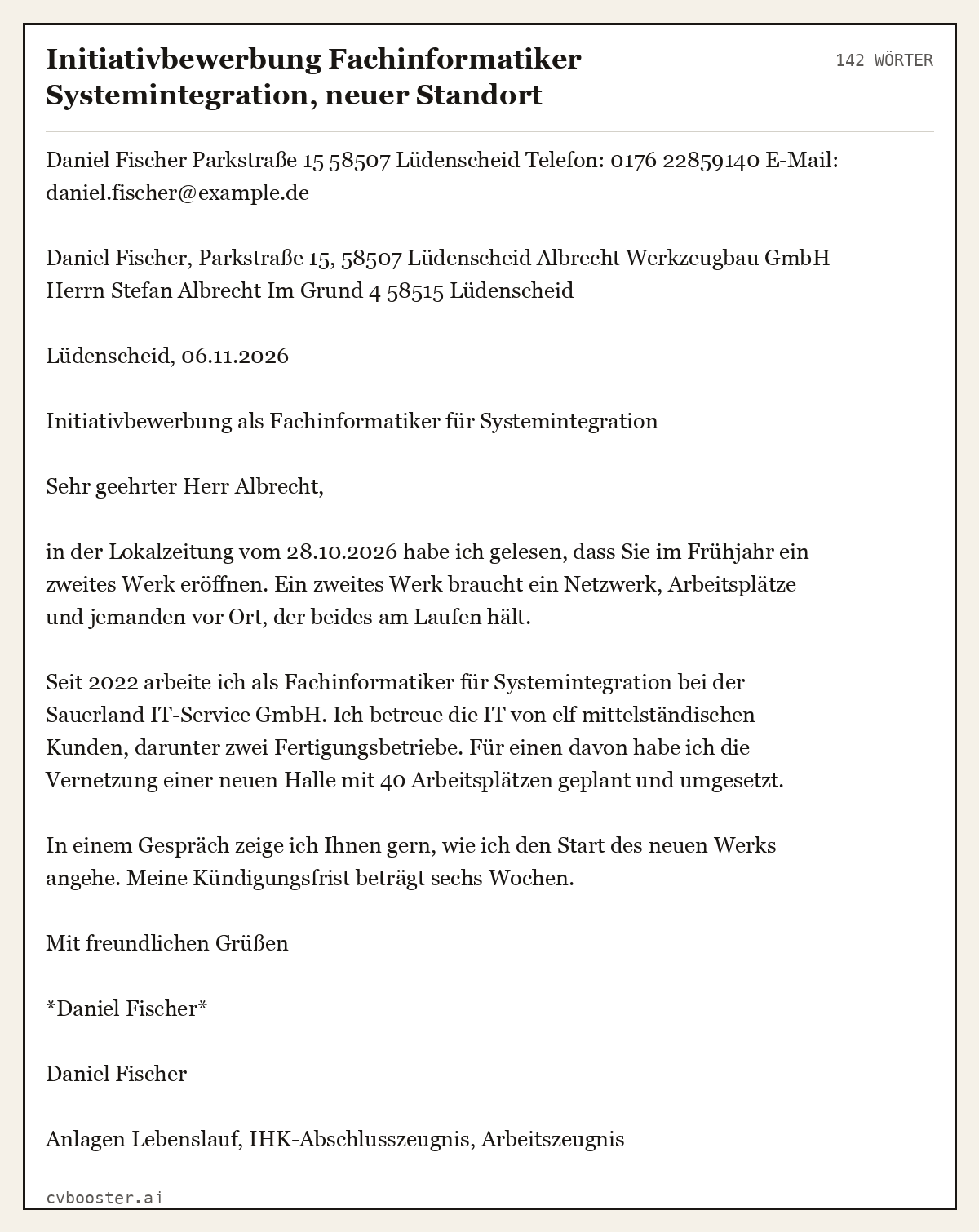 Ausgearbeitetes Beispiel: Initiativbewerbung Fachinformatiker Systemintegration, neuer Standort, 142 Wörter