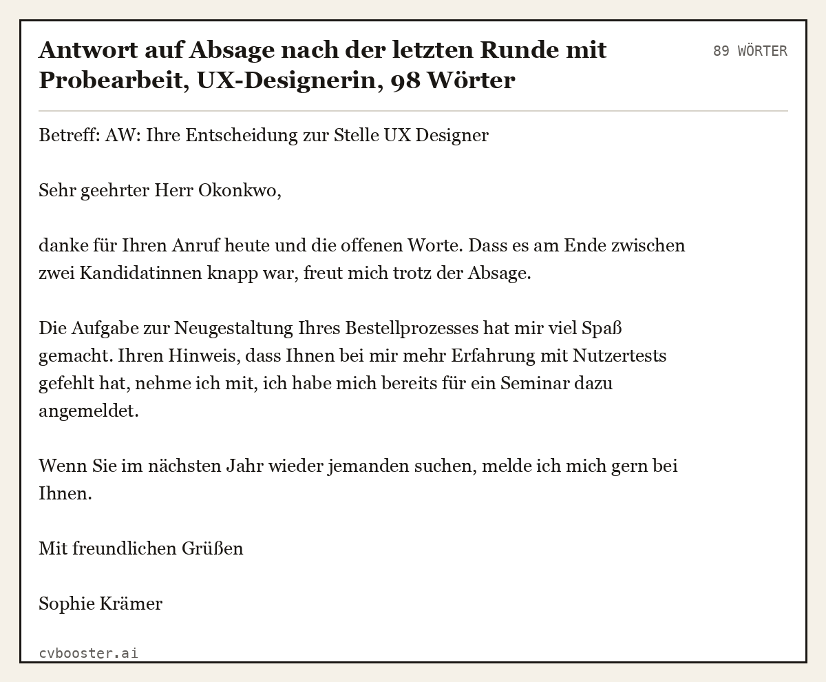 Ausgearbeitetes Beispiel: Antwort auf Absage nach der letzten Runde mit Probearbeit, UX-Designerin, 89 Wörter