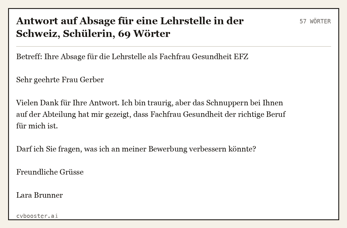 Ausgearbeitetes Beispiel: Antwort auf Absage für eine Lehrstelle in der Schweiz, Schülerin, 57 Wörter