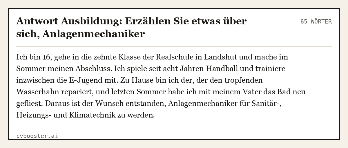 Ausgearbeitetes Beispiel: Antwort Ausbildung: Erzählen Sie etwas über sich, Anlagenmechaniker, 65 Wörter
