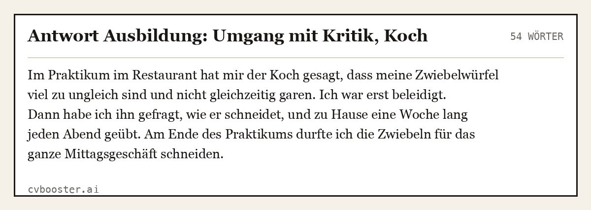 Ausgearbeitetes Beispiel: Antwort Ausbildung: Umgang mit Kritik, Koch, 54 Wörter