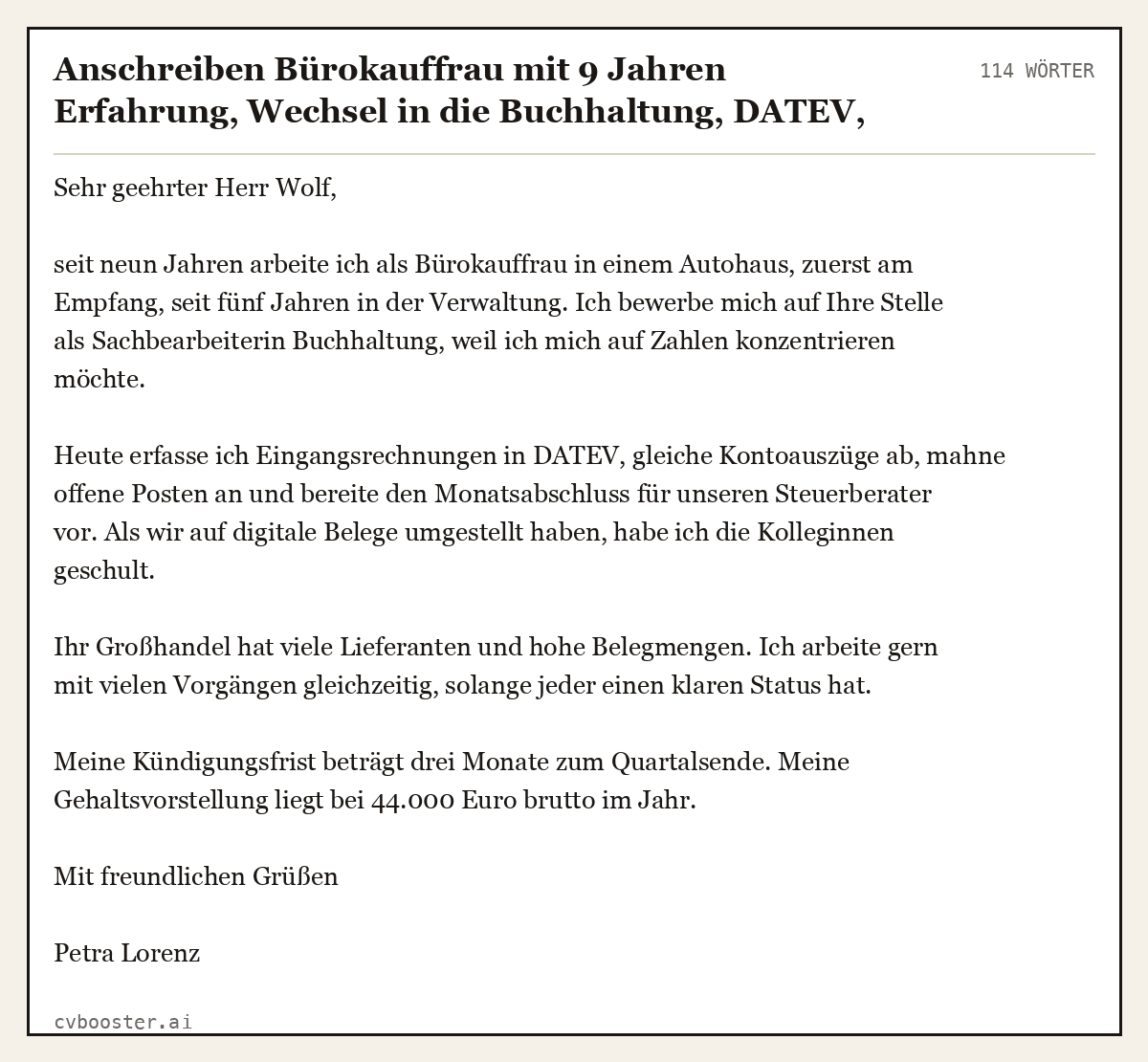 Ausgearbeitetes Beispiel: Anschreiben Bürokauffrau mit 9 Jahren Erfahrung, Wechsel in die Buchhaltung, DATEV, mittelständischer Großhandel, 114 Wörter