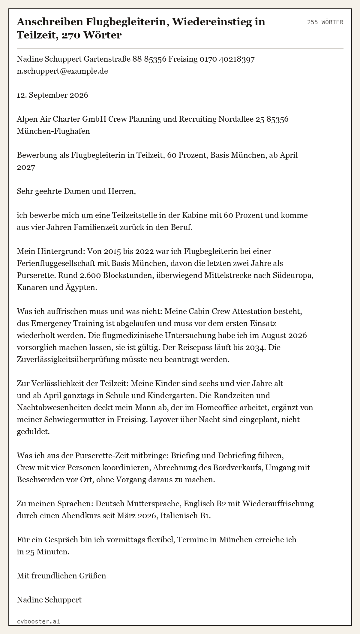 Ausgearbeitetes Beispiel: Anschreiben Flugbegleiterin, Wiedereinstieg in Teilzeit, 270 Wörter, 255 Wörter