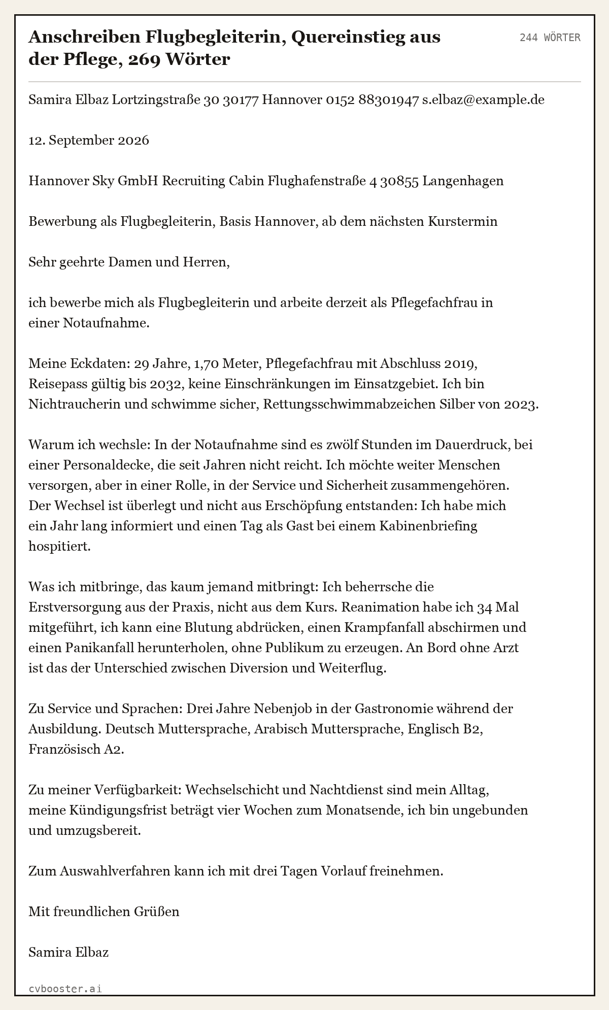 Ausgearbeitetes Beispiel: Anschreiben Flugbegleiterin, Quereinstieg aus der Pflege, 269 Wörter, 244 Wörter