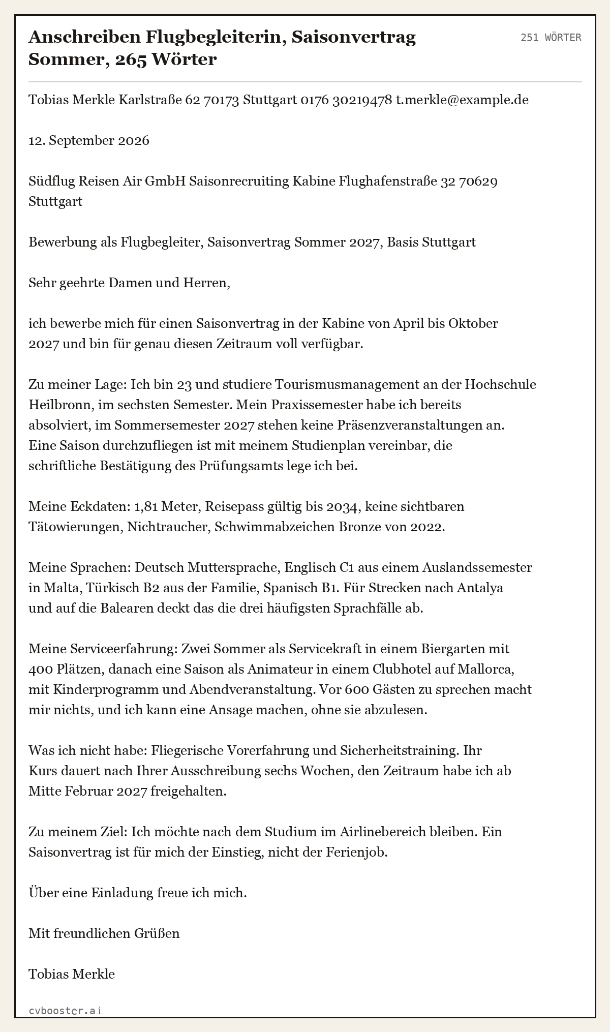 Ausgearbeitetes Beispiel: Anschreiben Flugbegleiterin, Saisonvertrag Sommer, 265 Wörter, 251 Wörter