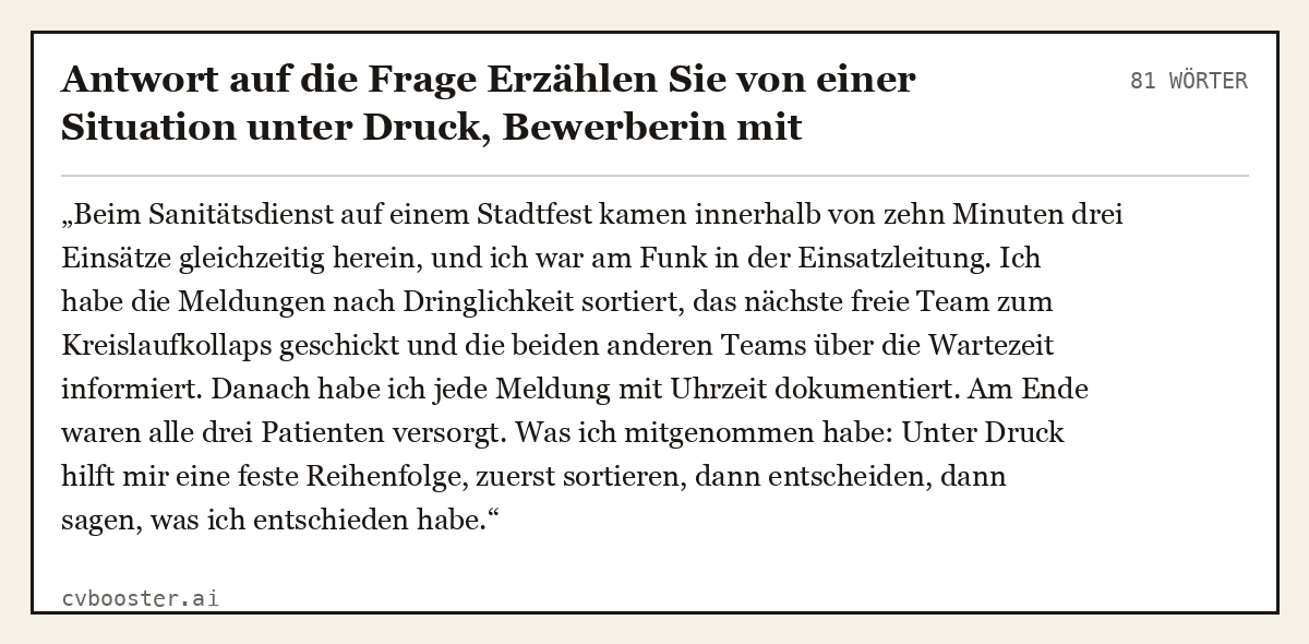 Ausgearbeitetes Beispiel: Antwort auf die Frage Erzählen Sie von einer Situation unter Druck, Bewerberin mit Rettungsdienst-Ehrenamt, 81 Wörter