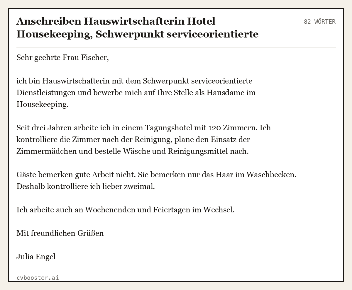Ausgearbeitetes Beispiel: Anschreiben Hauswirtschafterin Hotel Housekeeping, Schwerpunkt serviceorientierte Dienstleistungen, 3 Jahre, 82 Wörter