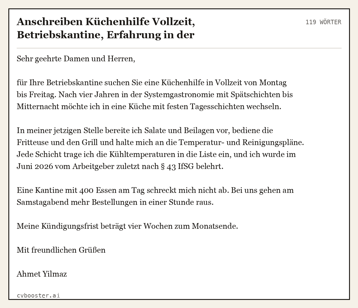 Ausgearbeitetes Beispiel: Anschreiben Küchenhilfe Vollzeit, Betriebskantine, Erfahrung in der Systemgastronomie, 119 Wörter