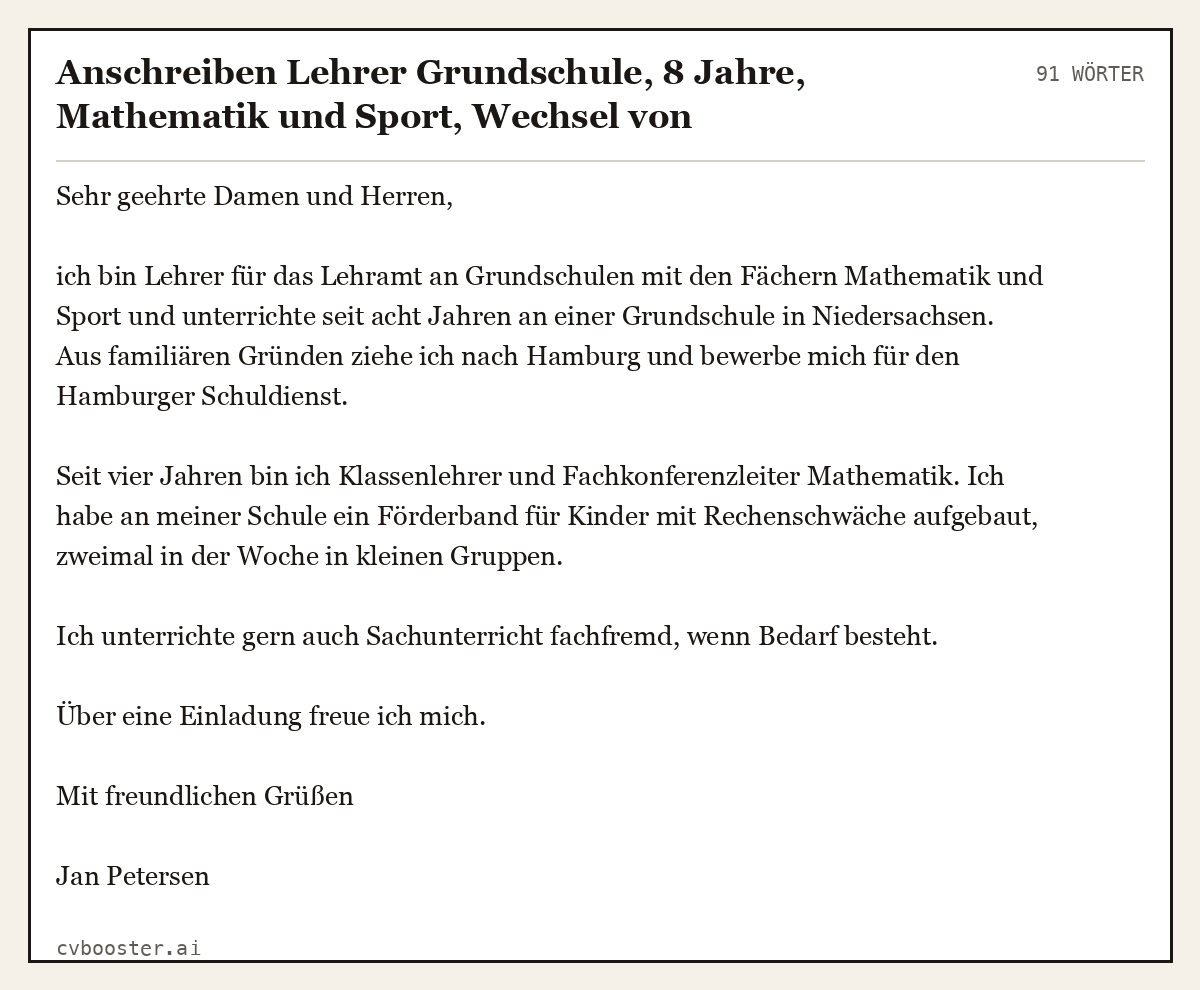 Ausgearbeitetes Beispiel: Anschreiben Lehrer Grundschule, 8 Jahre, Mathematik und Sport, Wechsel von Niedersachsen nach Hamburg, 91 Wörter