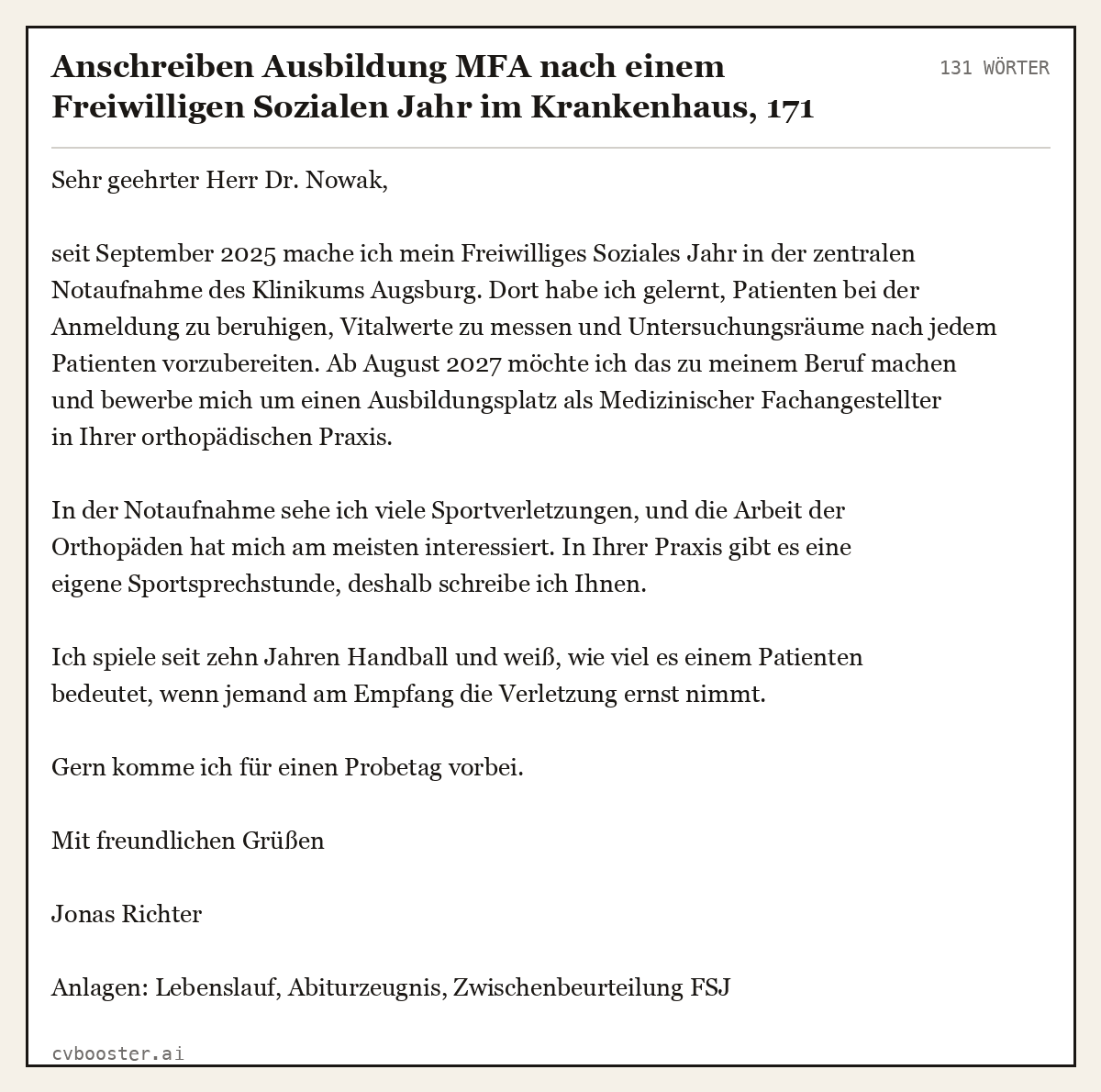 Ausgearbeitetes Beispiel: Anschreiben Ausbildung MFA nach einem Freiwilligen Sozialen Jahr im Krankenhaus, 131 Wörter