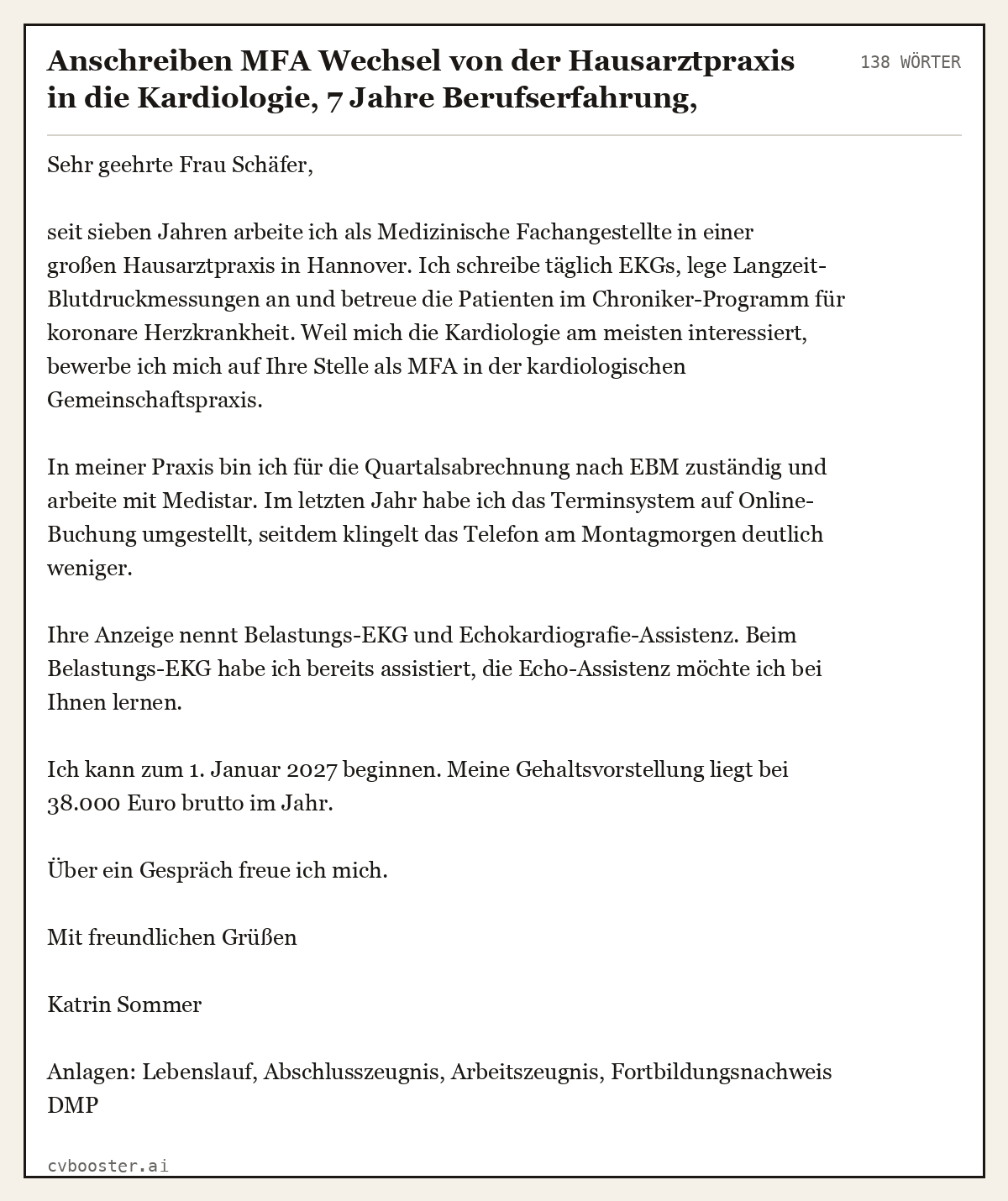 Ausgearbeitetes Beispiel: Anschreiben MFA Wechsel von der Hausarztpraxis in die Kardiologie, 7 Jahre Berufserfahrung, 138 Wörter