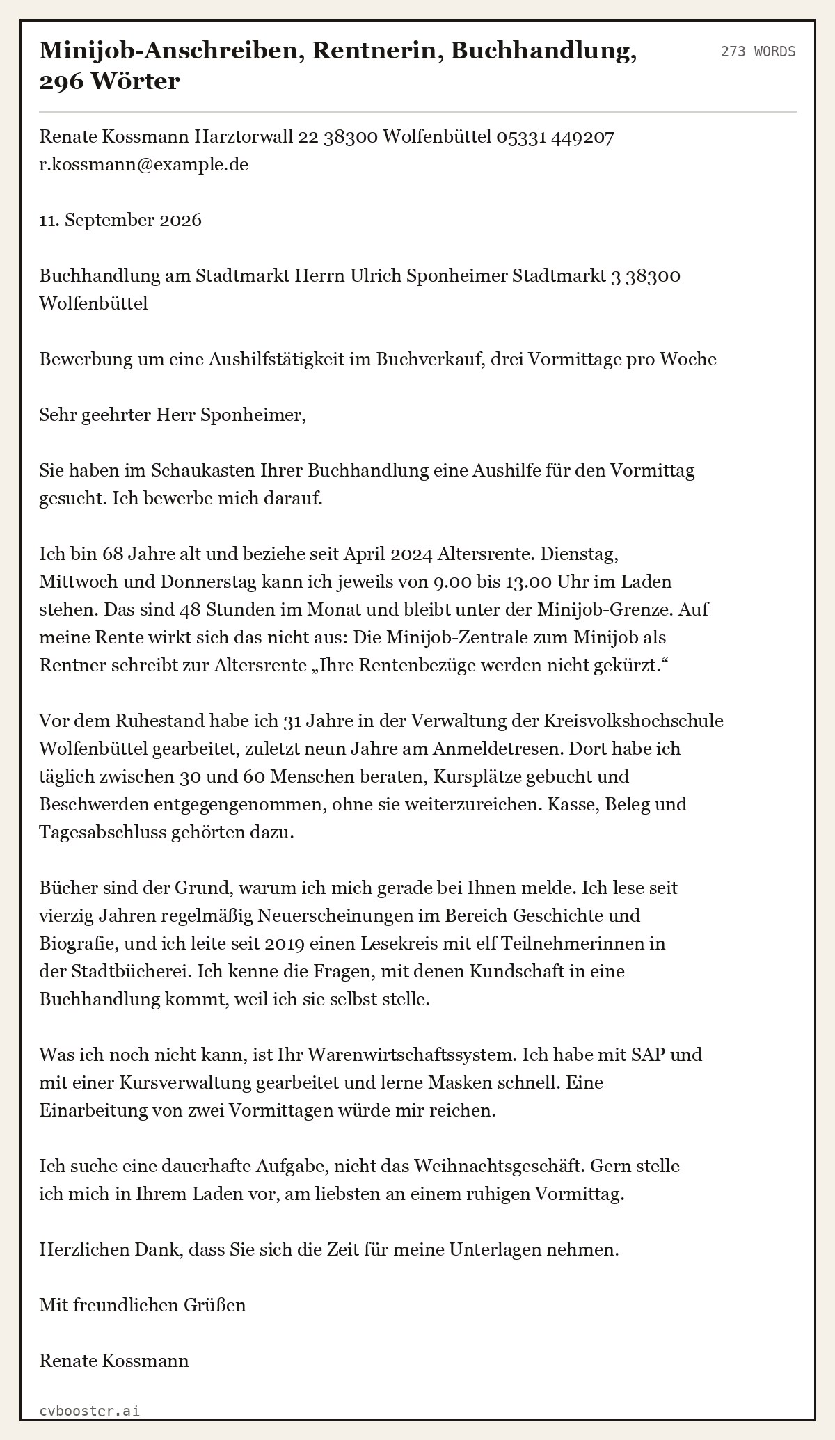Ausgearbeitetes Beispiel: Minijob-Anschreiben, Rentnerin, Buchhandlung, 296 Wörter, 273 Wörter