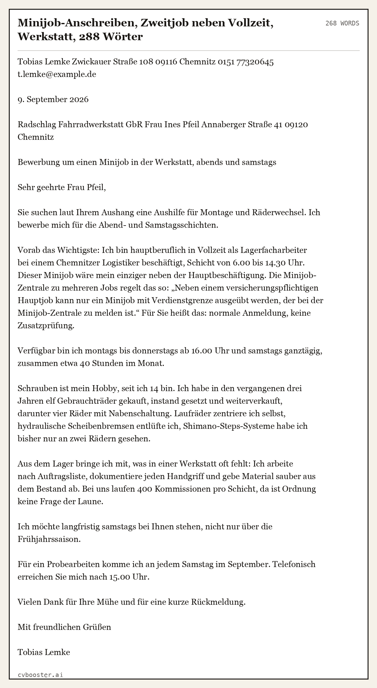 Ausgearbeitetes Beispiel: Minijob-Anschreiben, Zweitjob neben Vollzeit, Werkstatt, 288 Wörter, 268 Wörter