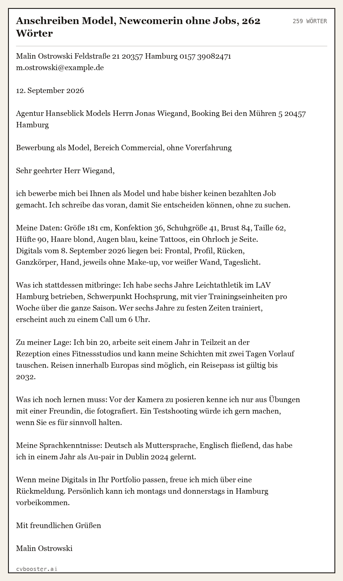 Ausgearbeitetes Beispiel: Anschreiben Model, Newcomerin ohne Jobs, 262 Wörter, 259 Wörter