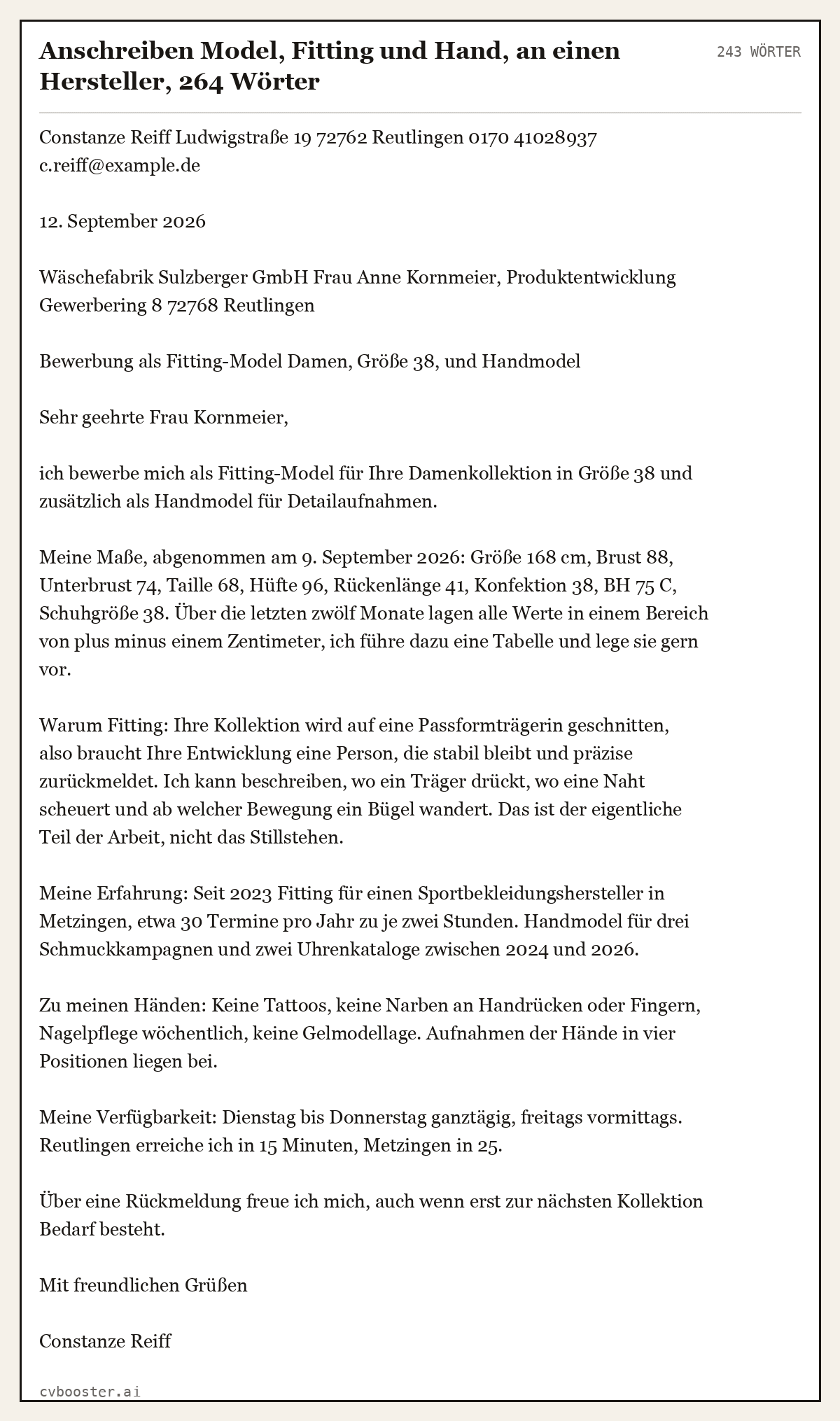 Ausgearbeitetes Beispiel: Anschreiben Model, Fitting und Hand, an einen Hersteller, 264 Wörter, 243 Wörter