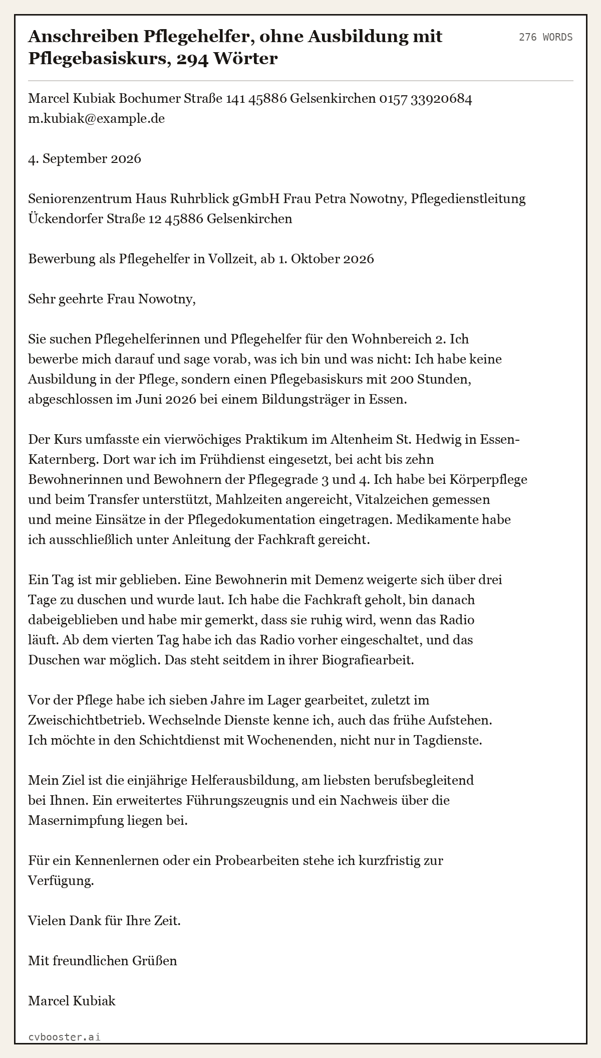 Ausgearbeitetes Beispiel: Anschreiben Pflegehelfer, ohne Ausbildung mit Pflegebasiskurs, 294 Wörter, 276 Wörter